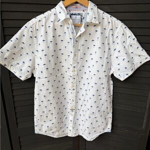 Denim & Flower White Short-Sleeve Button-Down Shirt with Blue Palm Print